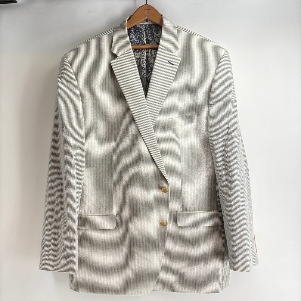 Lauren Ralph Lauren Mens 50L Seersucker Blazer Blue White Pinstripe Cotton Sport